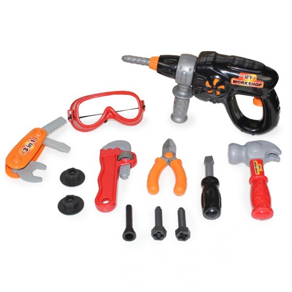 12tlg Kinder Werkzeug Set mit Bohrmaschine Schutzbrille Hammer Zange